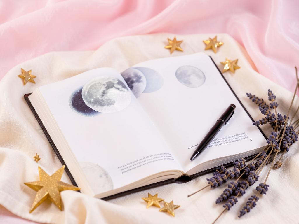 An open journal showing watercolour moon phases, a fountain pen resting on the page, surrounded by gold stars and sprigs of dried lavender on blush fabric