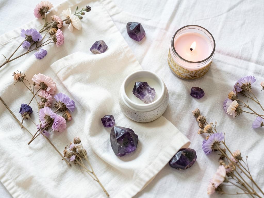 Amethyst crystals, a lit candle in a glass jar and dried purple flowers arranged on soft cream linen