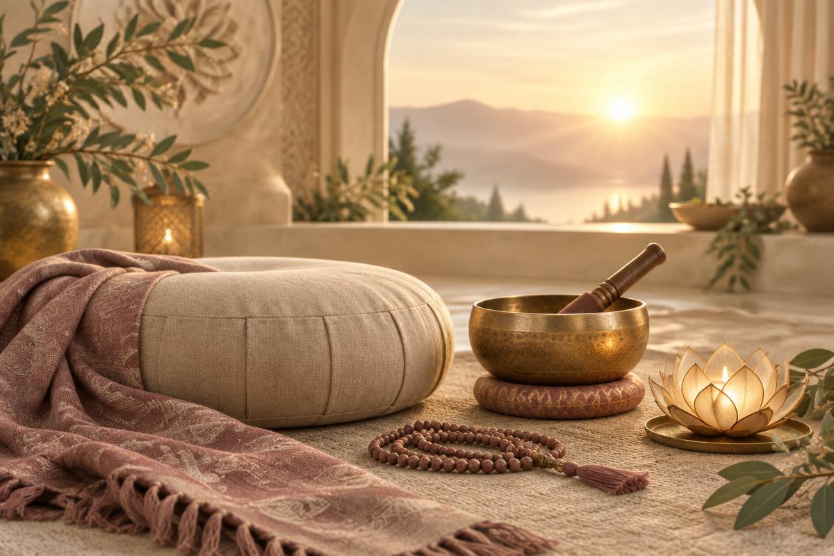Meditation cushion, singing bowl and mala beads at sunrise