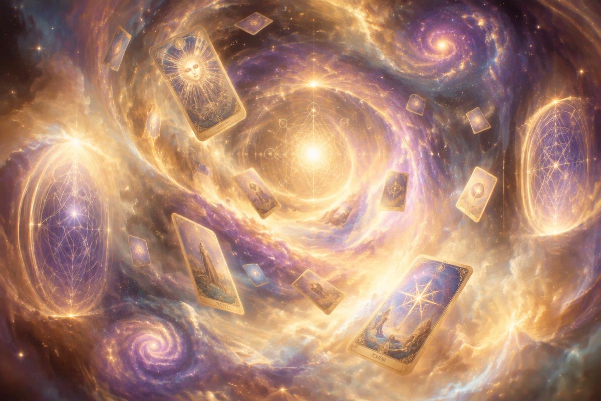 Layered mystical imagery for multidimensional tarot