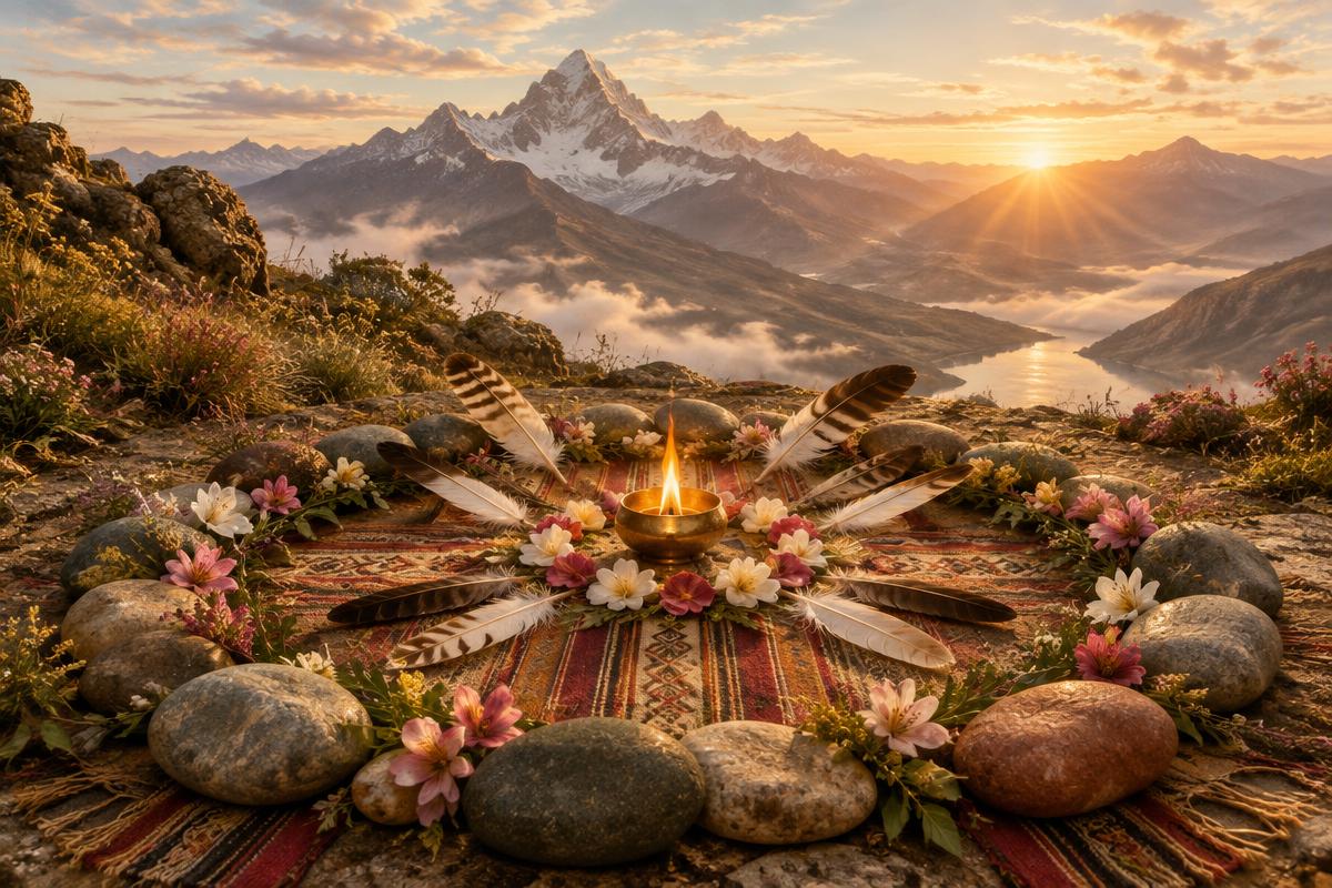 Ceremonial circle of natural elements beneath a mountain sunrise