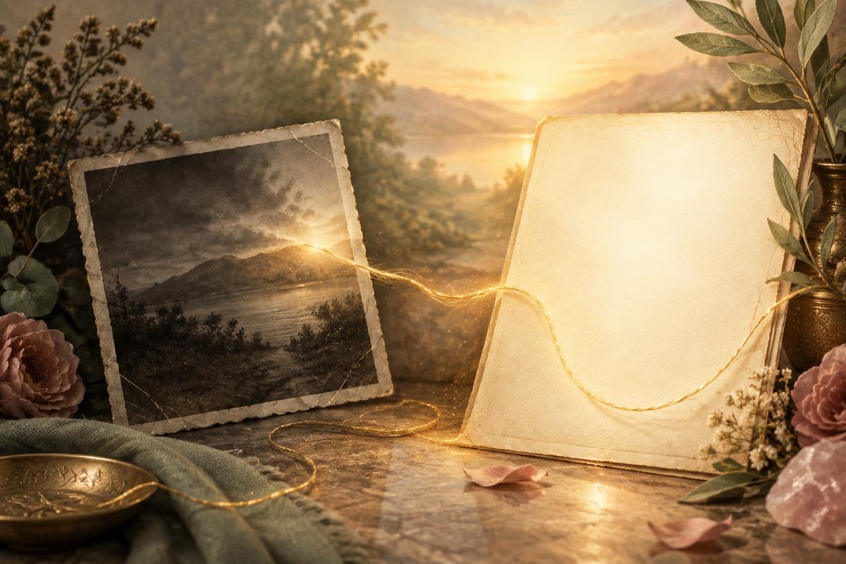 A shadowed memory transforming into a page of warm light